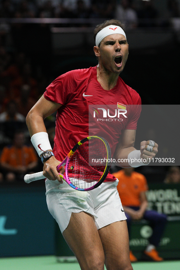 MALAGA, SPAIN - NOVEMBER 19: Rafa Nadal of Spain Team in his singles match against Botic van de Zandschulp of Netherlands in the Quarter-Fin...