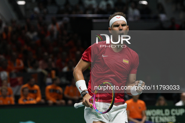 MALAGA, SPAIN - NOVEMBER 19: Rafa Nadal of Spain Team in his singles match against Botic van de Zandschulp of Netherlands in the Quarter-Fin...