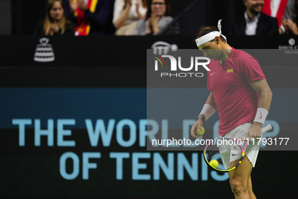 Rafa Nadal of Spain Team in his singles match against Botic van de Zandschulp of Netherlands in the Quarter-Final tie between Netherlands an...