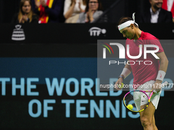 Rafa Nadal of Spain Team in his singles match against Botic van de Zandschulp of Netherlands in the Quarter-Final tie between Netherlands an...