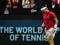 Rafa Nadal of Spain Team in his singles match against Botic van de Zandschulp of Netherlands in the Quarter-Final tie between Netherlands an...