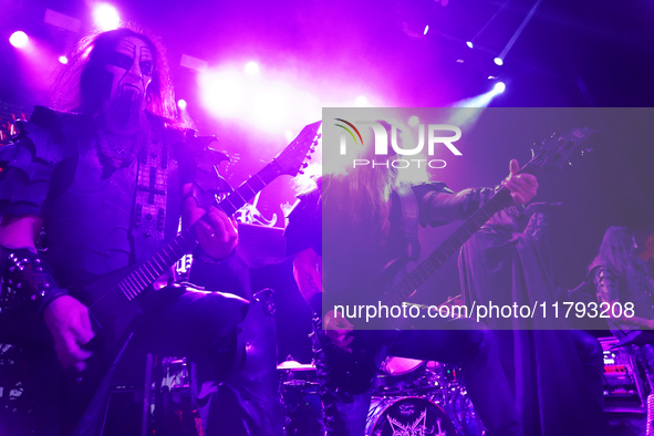 Members of the Swedish black metal band Dark Funeral perform during the Gwar The Stoned Age Tour at The Factory in Deep Ellum in Dallas, Tex...