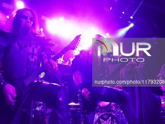 Members of the Swedish black metal band Dark Funeral perform during the Gwar The Stoned Age Tour at The Factory in Deep Ellum in Dallas, Tex...