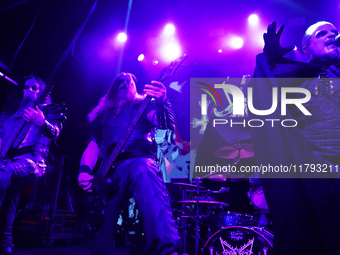 Members of the Swedish black metal band Dark Funeral perform during the Gwar The Stoned Age Tour at The Factory in Deep Ellum in Dallas, Tex...