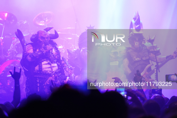 Members of the American heavy metal band GWAR perform during the Gwar The Stoned Age Tour at The Factory in Deep Ellum in Dallas, Texas, on...