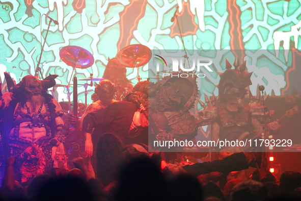 Members of the American heavy metal band GWAR perform during the Gwar The Stoned Age Tour at The Factory in Deep Ellum in Dallas, Texas, on...