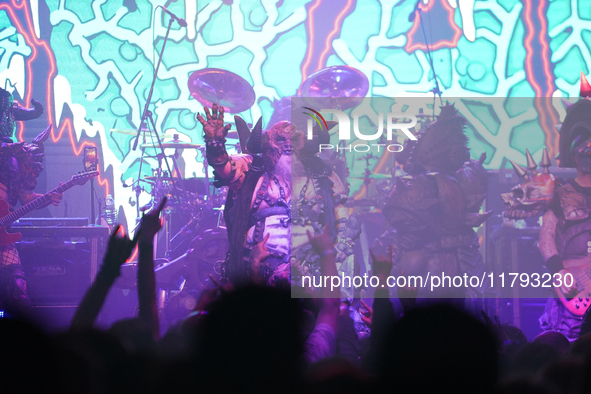 Members of the American heavy metal band GWAR perform during the Gwar The Stoned Age Tour at The Factory in Deep Ellum in Dallas, Texas, on...