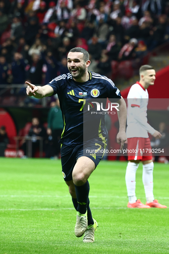 John McGinn celebrates the goal during UEFA Nations League match Poland - Scotland at National Stadium in Warsaw, Poland on November 18, 202...