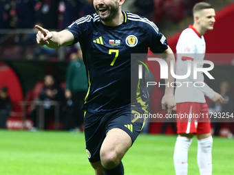 John McGinn celebrates the goal during UEFA Nations League match Poland - Scotland at National Stadium in Warsaw, Poland on November 18, 202...