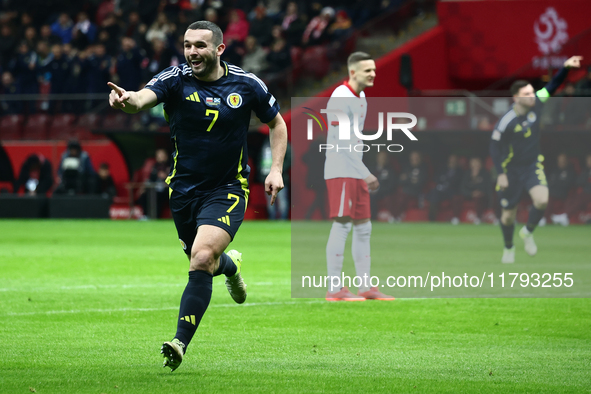 John McGinn celebrates the goal during UEFA Nations League match Poland - Scotland at National Stadium in Warsaw, Poland on November 18, 202...