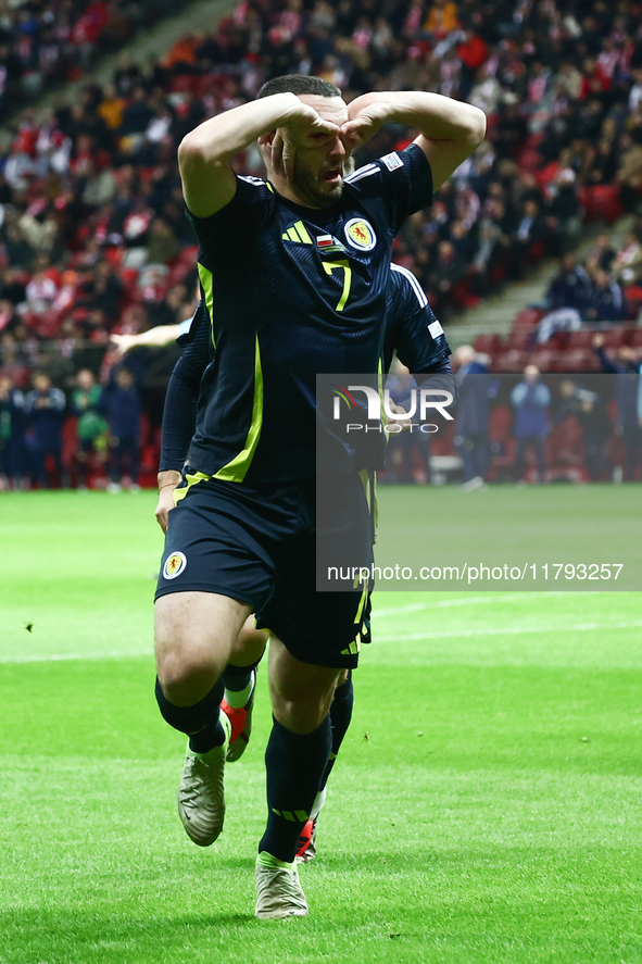 John McGinn celebrates the goal during UEFA Nations League match Poland - Scotland at National Stadium in Warsaw, Poland on November 18, 202...