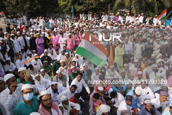 Indian Muslims shout slogans during a protest against the Anti-Waqf Amendment Bill in Kolkata, India, on November 19, 2024. More than 60 tho...