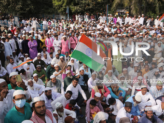 Indian Muslims shout slogans during a protest against the Anti-Waqf Amendment Bill in Kolkata, India, on November 19, 2024. More than 60 tho...