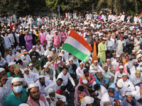 Indian Muslims shout slogans during a protest against the Anti-Waqf Amendment Bill in Kolkata, India, on November 19, 2024. More than 60 tho...