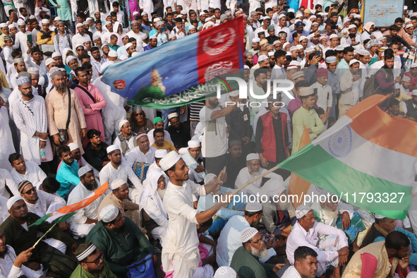 Indian Muslims shout slogans during a protest against the Anti-Waqf Amendment Bill in Kolkata, India, on November 19, 2024. More than 60 tho...