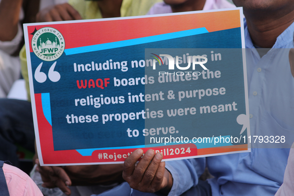 Indian Muslims shout slogans during a protest against the Anti-Waqf Amendment Bill in Kolkata, India, on November 19, 2024. More than 60 tho...