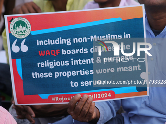 Indian Muslims shout slogans during a protest against the Anti-Waqf Amendment Bill in Kolkata, India, on November 19, 2024. More than 60 tho...