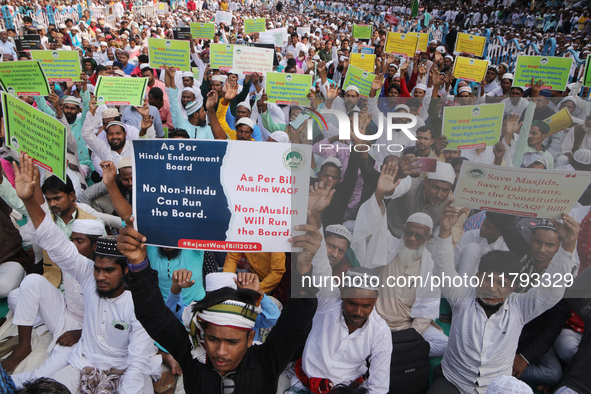 Indian Muslims shout slogans during a protest against the Anti-Waqf Amendment Bill in Kolkata, India, on November 19, 2024. More than 60 tho...