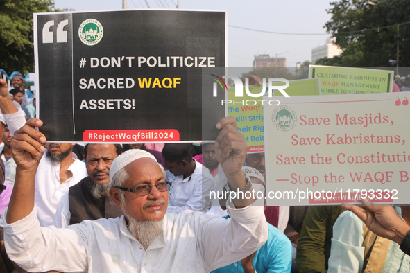 Indian Muslims shout slogans during a protest against the Anti-Waqf Amendment Bill in Kolkata, India, on November 19, 2024. More than 60 tho...