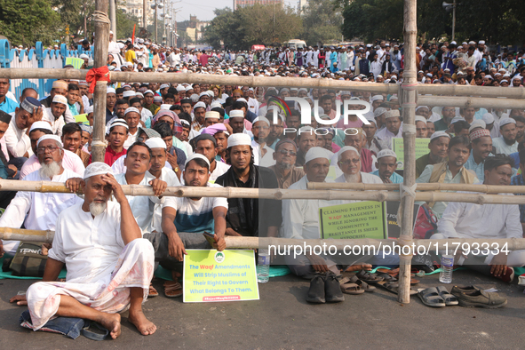 Indian Muslims shout slogans during a protest against the Anti-Waqf Amendment Bill in Kolkata, India, on November 19, 2024. More than 60 tho...