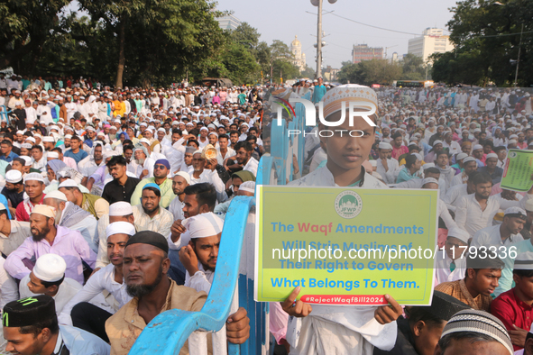 Indian Muslims shout slogans during a protest against the Anti-Waqf Amendment Bill in Kolkata, India, on November 19, 2024. More than 60 tho...