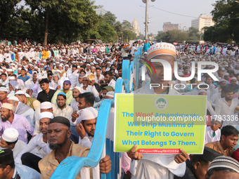 Indian Muslims shout slogans during a protest against the Anti-Waqf Amendment Bill in Kolkata, India, on November 19, 2024. More than 60 tho...