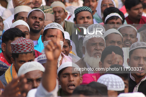 Indian Muslims shout slogans during a protest against the Anti-Waqf Amendment Bill in Kolkata, India, on November 19, 2024. More than 60 tho...