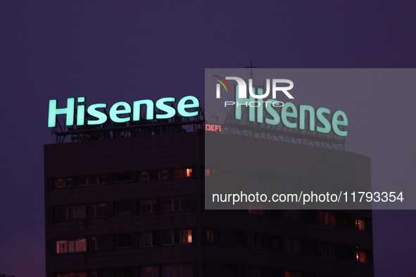 Hisense logo is seen on the building in Warsaw, Poland on November 18, 2024. 