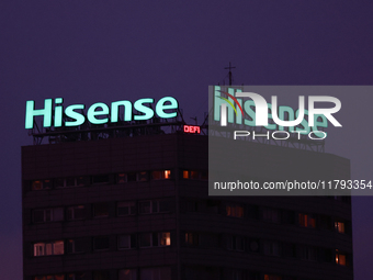 Hisense logo is seen on the building in Warsaw, Poland on November 18, 2024. (