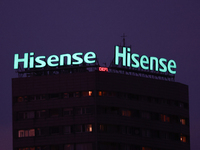 Hisense logo is seen on the building in Warsaw, Poland on November 18, 2024. (