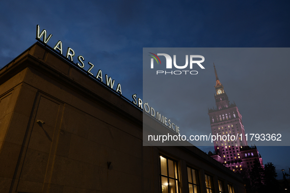 A view of of the Warszawa Srodmiescie railway station buiilding and the Palace of Culture and Science in Warsaw, Poland on November 18, 2024...