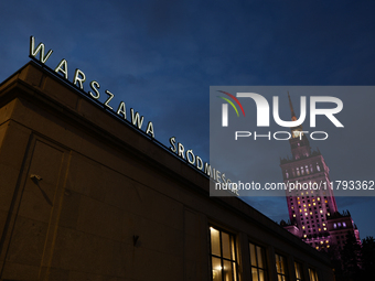 A view of of the Warszawa Srodmiescie railway station buiilding and the Palace of Culture and Science in Warsaw, Poland on November 18, 2024...