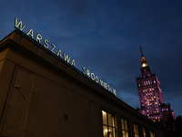 A view of of the Warszawa Srodmiescie railway station buiilding and the Palace of Culture and Science in Warsaw, Poland on November 18, 2024...