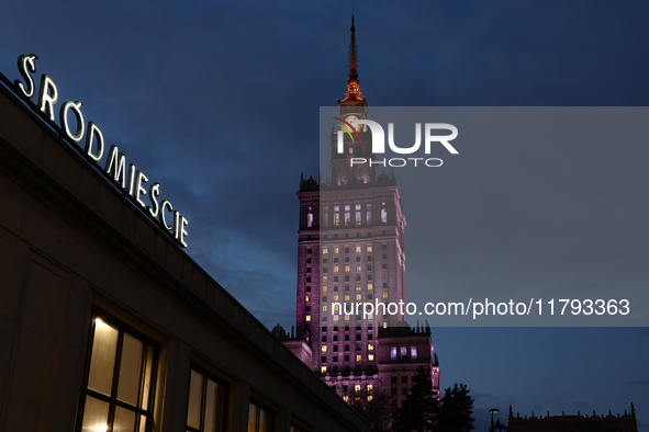 A view of of the Warszawa Srodmiescie railway station buiilding and the Palace of Culture and Science in Warsaw, Poland on November 18, 2024...