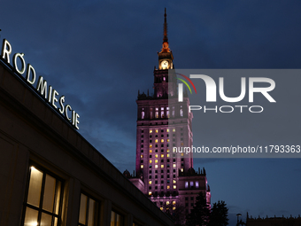 A view of of the Warszawa Srodmiescie railway station buiilding and the Palace of Culture and Science in Warsaw, Poland on November 18, 2024...