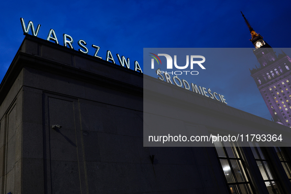 A view of of the Warszawa Srodmiescie railway station buiilding and the Palace of Culture and Science in Warsaw, Poland on November 18, 2024...