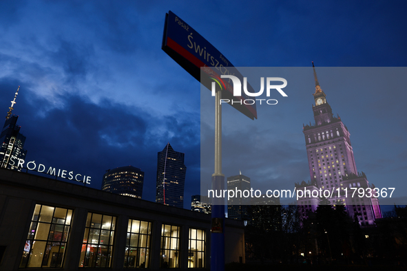 A view of of the Warszawa Srodmiescie railway station buiilding and the Palace of Culture and Science in Warsaw, Poland on November 18, 2024...