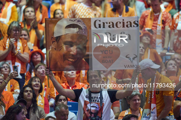 MALAGA, SPAIN - NOVEMBER 19: Dutch fan with a banner in support of Rafa Nadal Quarter-Final tie between Netherlands and Spain during the Dav...