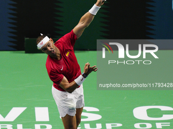 MALAGA, SPAIN - NOVEMBER 19: Rafa Nadal of Spain Team in his singles match against Botic van de Zandschulp of Netherlands in the Quarter-Fin...