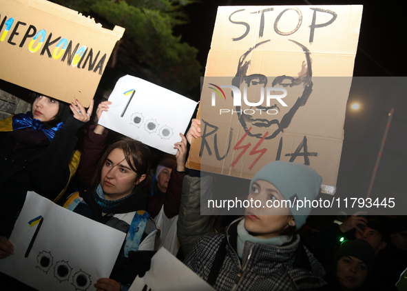 A protest is organized on the 1000th day of the war in Ukraine opposite the Embassy of the Russian Federation in Warsaw, Poland, on November...