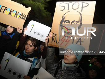 A protest is organized on the 1000th day of the war in Ukraine opposite the Embassy of the Russian Federation in Warsaw, Poland, on November...