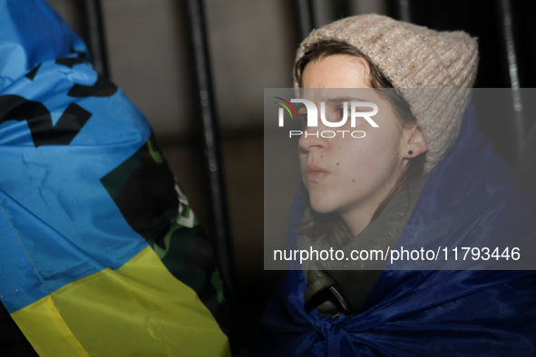 A protest is organized on the 1000th day of the war in Ukraine opposite the Embassy of the Russian Federation in Warsaw, Poland, on November...