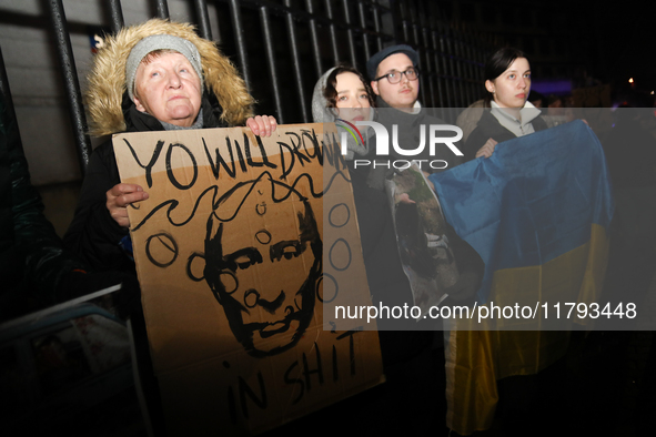 A protest is organized on the 1000th day of the war in Ukraine opposite the Embassy of the Russian Federation in Warsaw, Poland, on November...