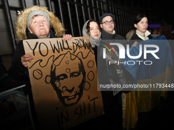 A protest is organized on the 1000th day of the war in Ukraine opposite the Embassy of the Russian Federation in Warsaw, Poland, on November...