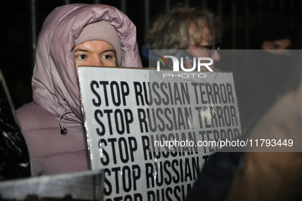 A protest is organized on the 1000th day of the war in Ukraine opposite the Embassy of the Russian Federation in Warsaw, Poland, on November...