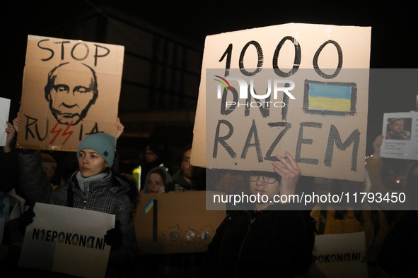 A protest is organized on the 1000th day of the war in Ukraine opposite the Embassy of the Russian Federation in Warsaw, Poland, on November...