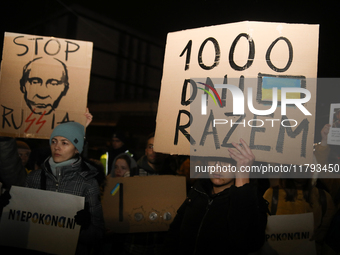 A protest is organized on the 1000th day of the war in Ukraine opposite the Embassy of the Russian Federation in Warsaw, Poland, on November...