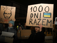 A protest is organized on the 1000th day of the war in Ukraine opposite the Embassy of the Russian Federation in Warsaw, Poland, on November...