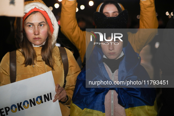 A protest is organized on the 1000th day of the war in Ukraine opposite the Embassy of the Russian Federation in Warsaw, Poland, on November...