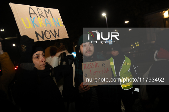 A protest is organized on the 1000th day of the war in Ukraine opposite the Embassy of the Russian Federation in Warsaw, Poland, on November...